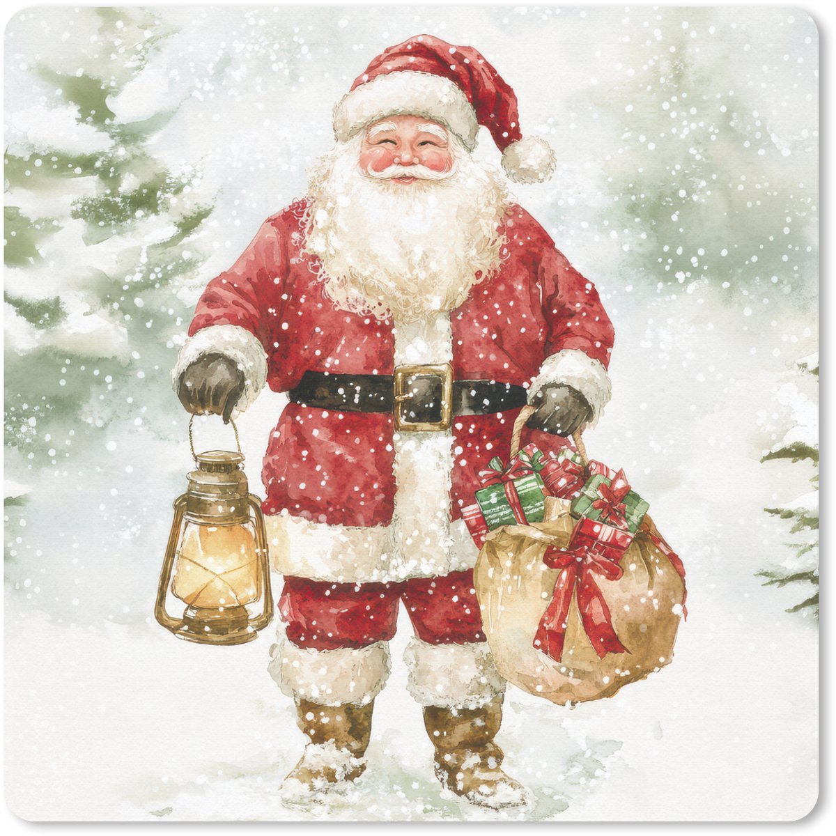 Muismat 20x20 cm - Mousepad Kerstman- Winter - Sneeuw - Wit - Rood - Muismatten