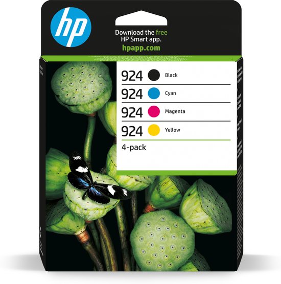 Cartouches d'encre HP 924 multipack : Noir, Cyan, Magenta et Jaune. Emballage avec logo HP et image de fleurs de lotus avec un papillon.
