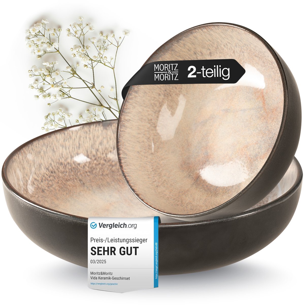 Moritz & Moritz VIDA 2-delige Serveerschaal Set - 2 grote Saladschaalen Porselein - Beige