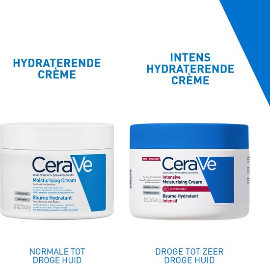 Twee witte CeraVe potten. Links: 'Hydraterende Crème', rechts: 'Intens Hydraterende Crème'.