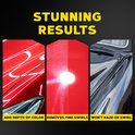 Drie afbeeldingen tonen auto's met verbeterde glans en kleur, verwijdert fijne swirls en zonder waas. Tekst: STUNNING RESULTS.