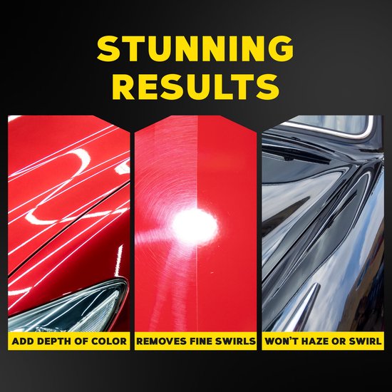Drie afbeeldingen tonen auto's met verbeterde glans en kleur, verwijdert fijne swirls en zonder waas. Tekst: STUNNING RESULTS.