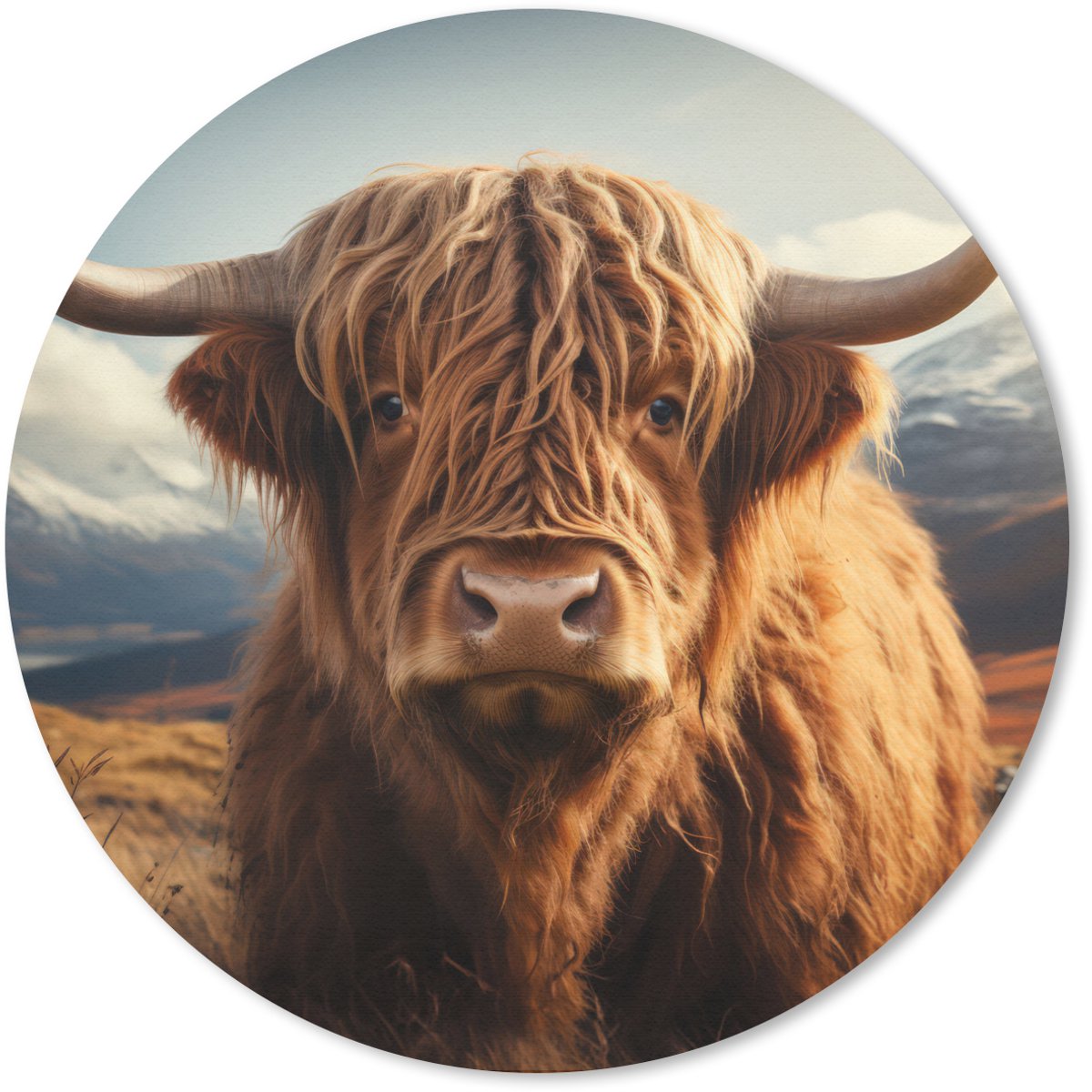 Muismat rond 30x30 cm - Mousepad Schotse hooglander - Hoorns - Bergen - Landschap - Ronde muismatten