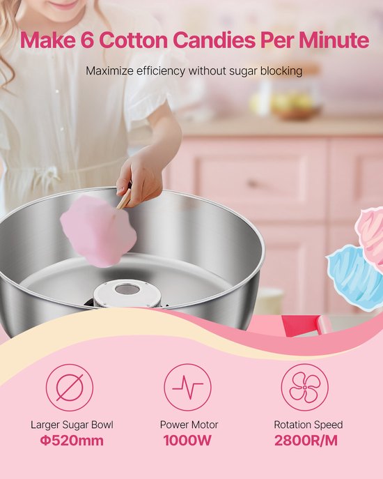 VEVOR Commerciële Suikerspinmachine met Kar Suikerspinmaker 1kW Roze — afbeelding 5