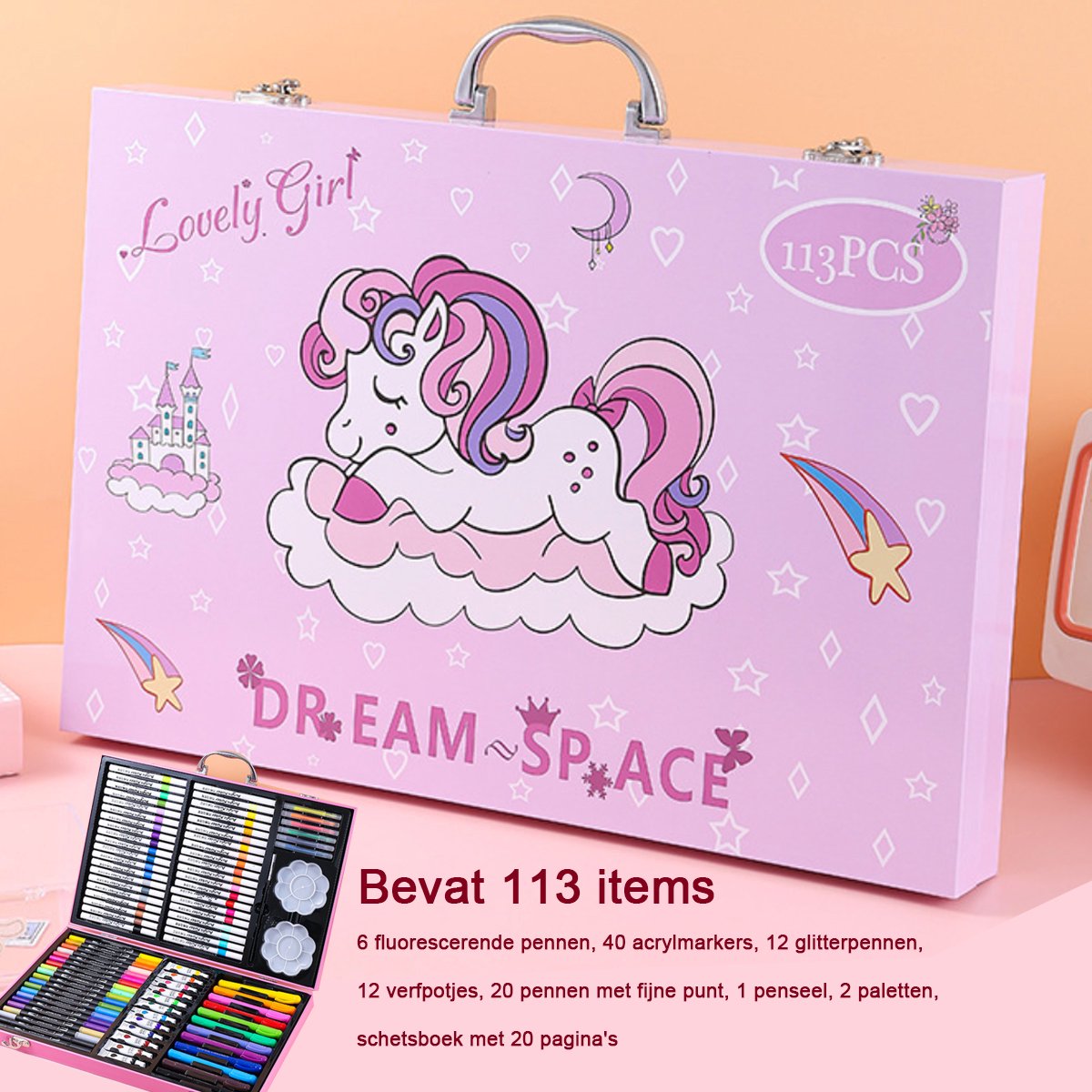 Suntac 113-Delige Teken en Verf Set - Tekenkoffer Set-Tekenset-Art Tekendoos- Acrylverf - Aquarelverf -fluorescent markers,-glitter pens-ine-tip pens-Tekenset Compleet voor Kinderen en Volwassenen