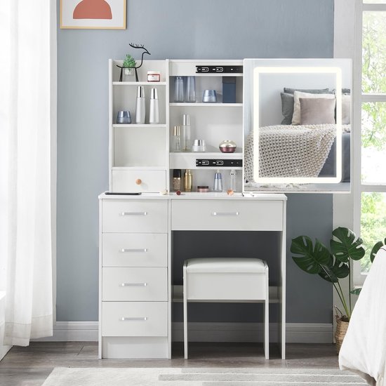 Buildonely Make-uptafel met ledverlichting, make-uptafel met spiegel voor make-up, 3 kleurtemperaturen en instelbare helderheid, kaptafel met 3 open vakken, 6 laden, 1 kruk, modern