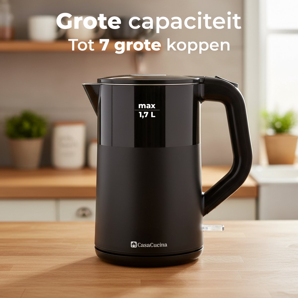 CasaCucina Waterkoker Dubbelwandig - 2200W - Elektrisch - 1.7L - Retro - Met LED - RVS - Cool-touch - Zwart — afbeelding 5