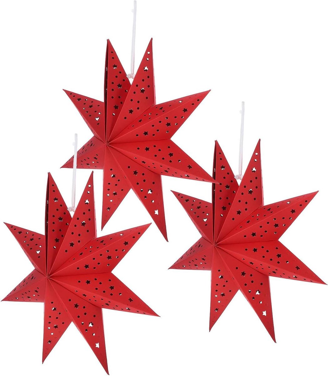 JHubers Goods - 3 papieren kerststerlantaarns voor feestelijke decoratie - hangende 3D lantaarns met sterrenlicht