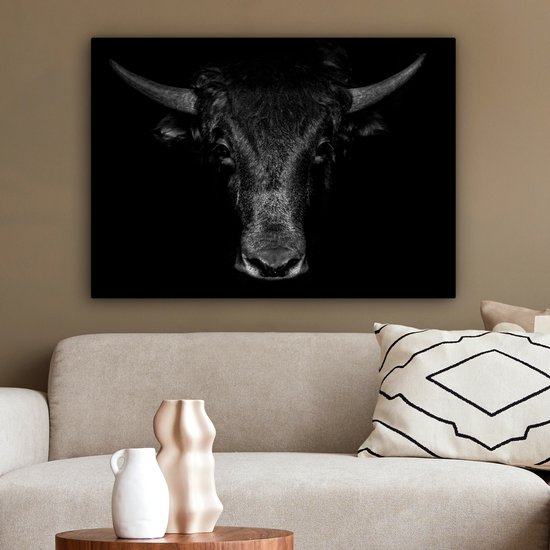 Toile - Animaux - Taureau - Zwart - Wit - Photo sur toile - 80x60 cm - Salon - Peintures sur toile