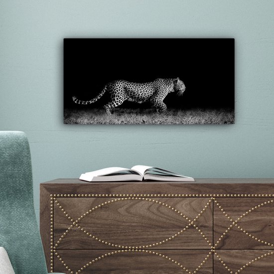 Peinture sur toile - Animaux sauvages - Léopard - Herbe - Zwart - Wit - Canvasdoek - 40x20 cm - Photo sur toile - Décoration murale