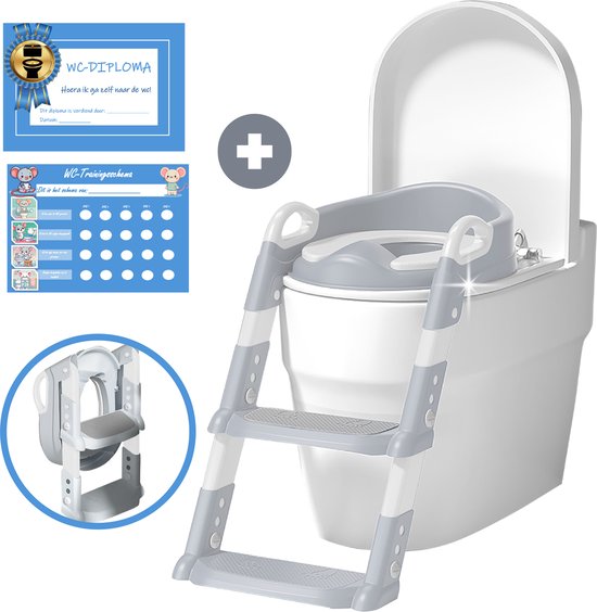 TTD® Potje Peuter - WC Verkleiner met Trapje - Toiletverkleiner - Toilettrainer met Opstapje - In Hoogte Verstelbaar en Opvouwbaar - 2 tot 8 jaar - Met Beloningssysteem en Diploma