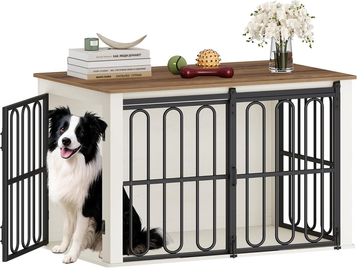 Hondenkooi met Schuifdeuren en Bijzettafel voor Kleine en Middelgrote Honden – Houten Hondenbench voor Thuis