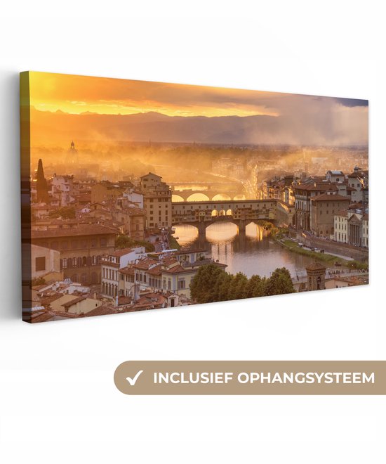 Canvas schilderij 100x50 cm - Wanddecoratie Italië - Mist - Zonsopgang - Florence - Muurdecoratie woonkamer - Slaapkamer decoratie - Kamer accessoires - Schilderijen op canvas