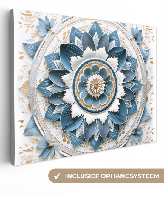 Tableau toile Mandala - Blauw - blanc - Or - 120x90 cm - Décoration murale