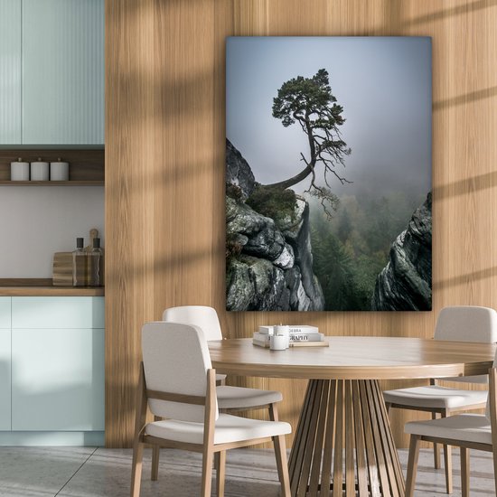 Peinture sur toile - Falaise - Arbres - Vert - Brouillard - Photo sur toile - Canvasdoek - 90x120 cm - Toile nature