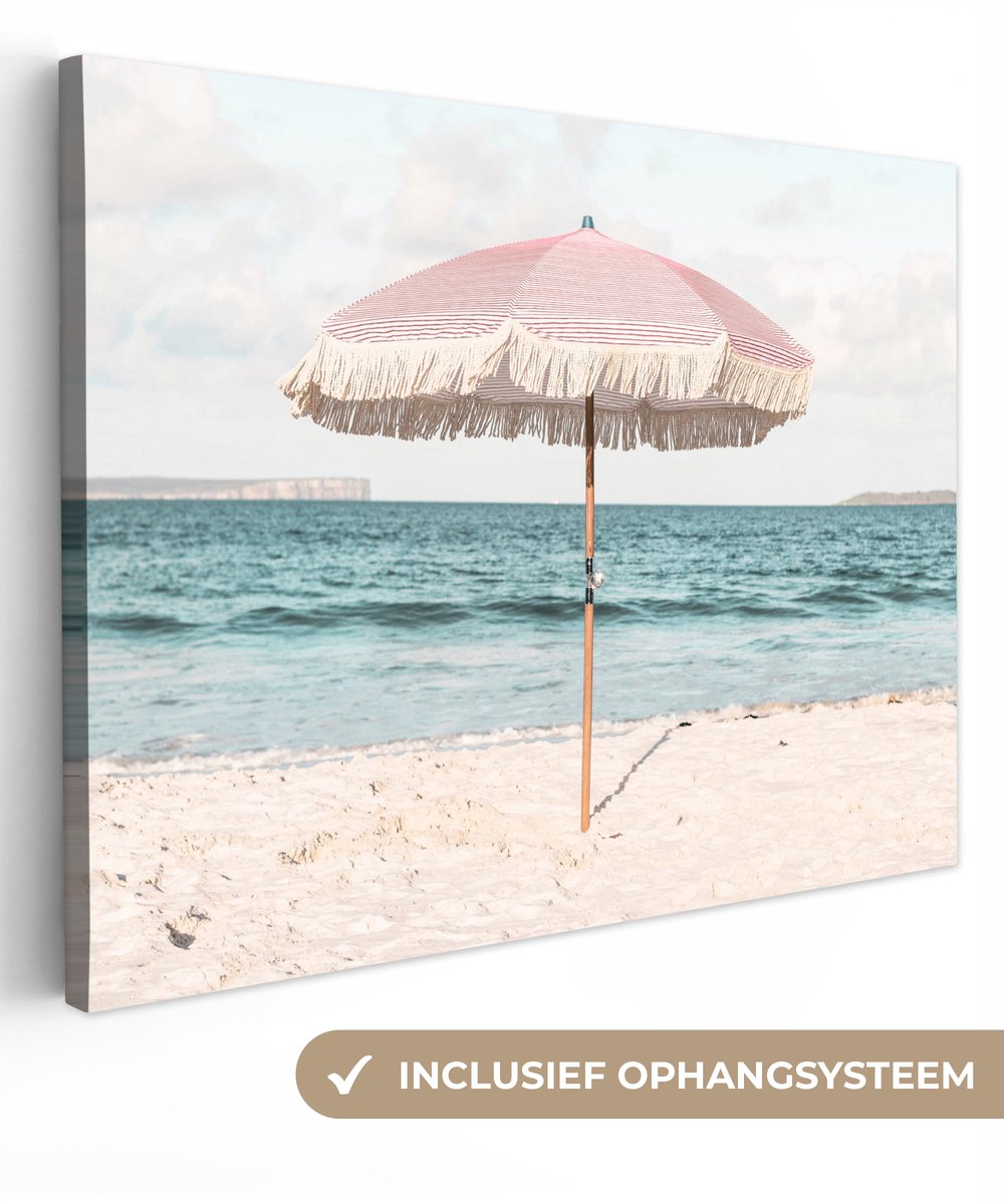 Canvas schilderij 80x60 cm - Wanddecoratie Parasol - Strand - Zee - Wolken - Muurdecoratie