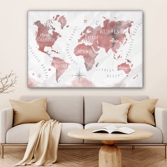 Peintures Toile Wereldkaart - Peinture - Rose - 120x80 cm - Décoration murale