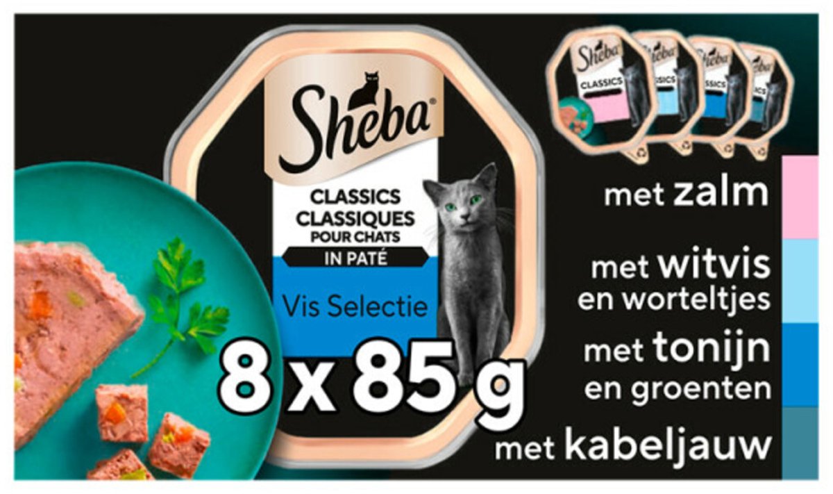 Sheba Adult Kattenvoer Classic Paté Natvoer Vis Kuipjes 8 x 85 gr