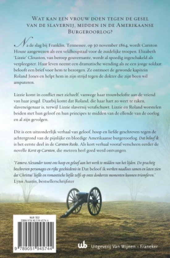 Achterkant boek met tekst over een kanon en landschap met een kanon uit de Amerikaanse Burgeroorlog.