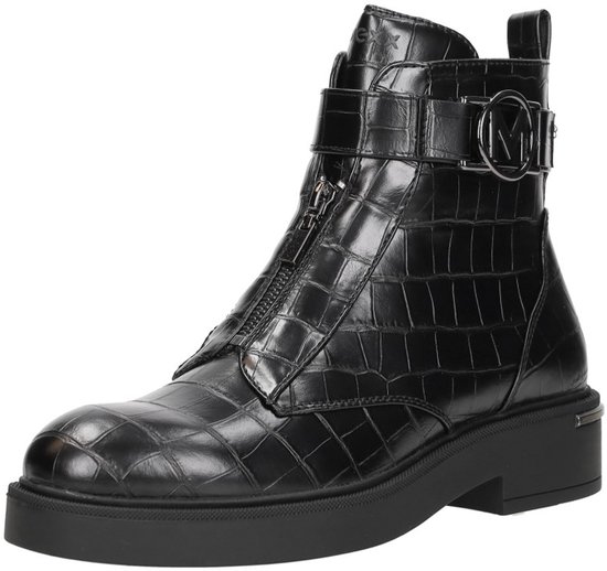 Bottines noires à imprimé crocodile, fermeture éclair et boucle, avec logo M.