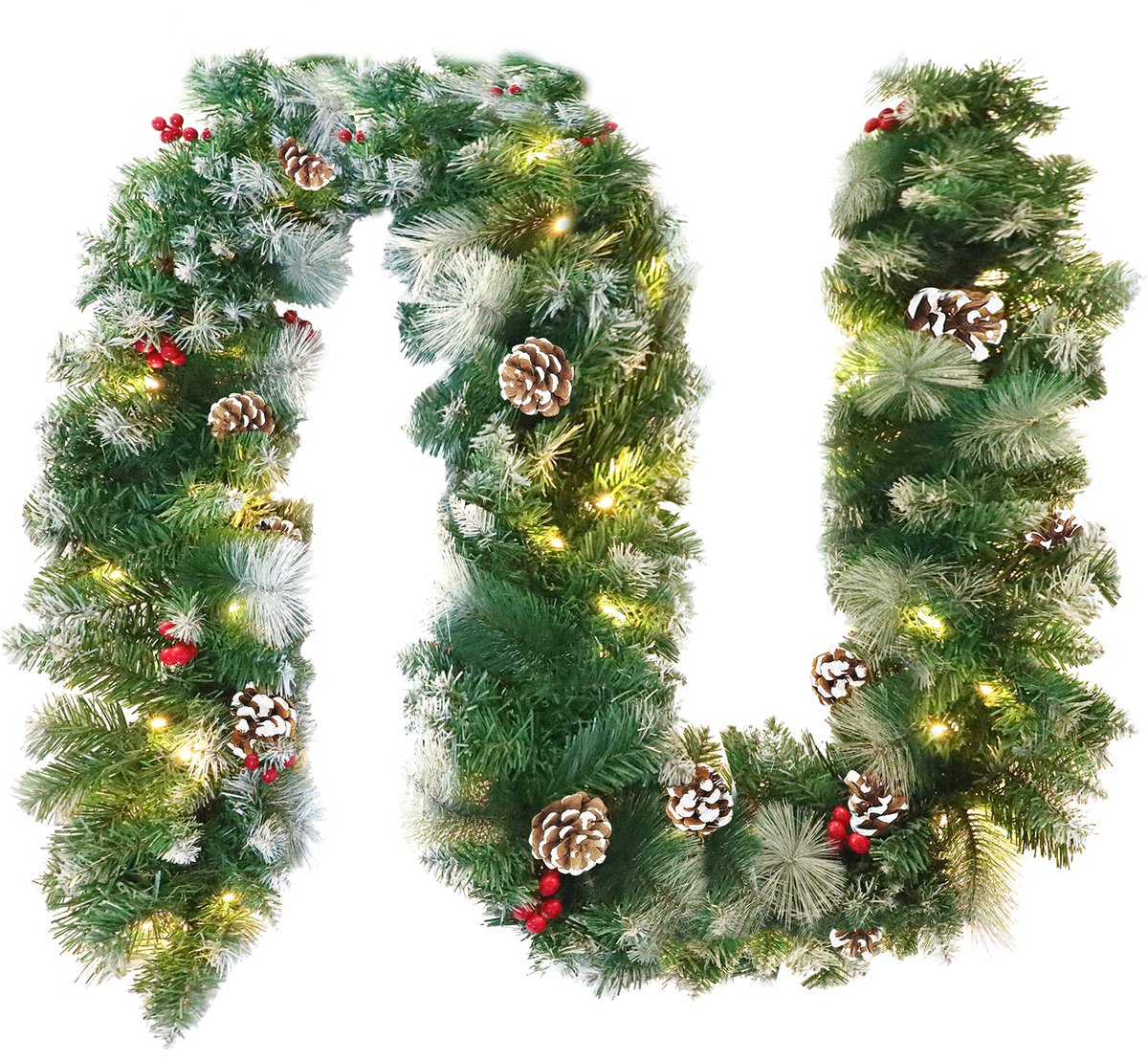 NAIZY Kerstslinger met lichtjes 500 cm sparrenslinger, kerstkrans, op batterijen, met dennenappels, rode bessen en sneeuwvlokken, kerstdecoratie voor buiten