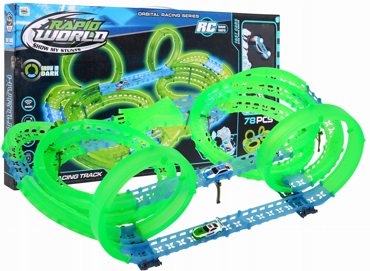 Glow-in-the-Dark Racebaan met Afstandsbediening en 2 Auto's