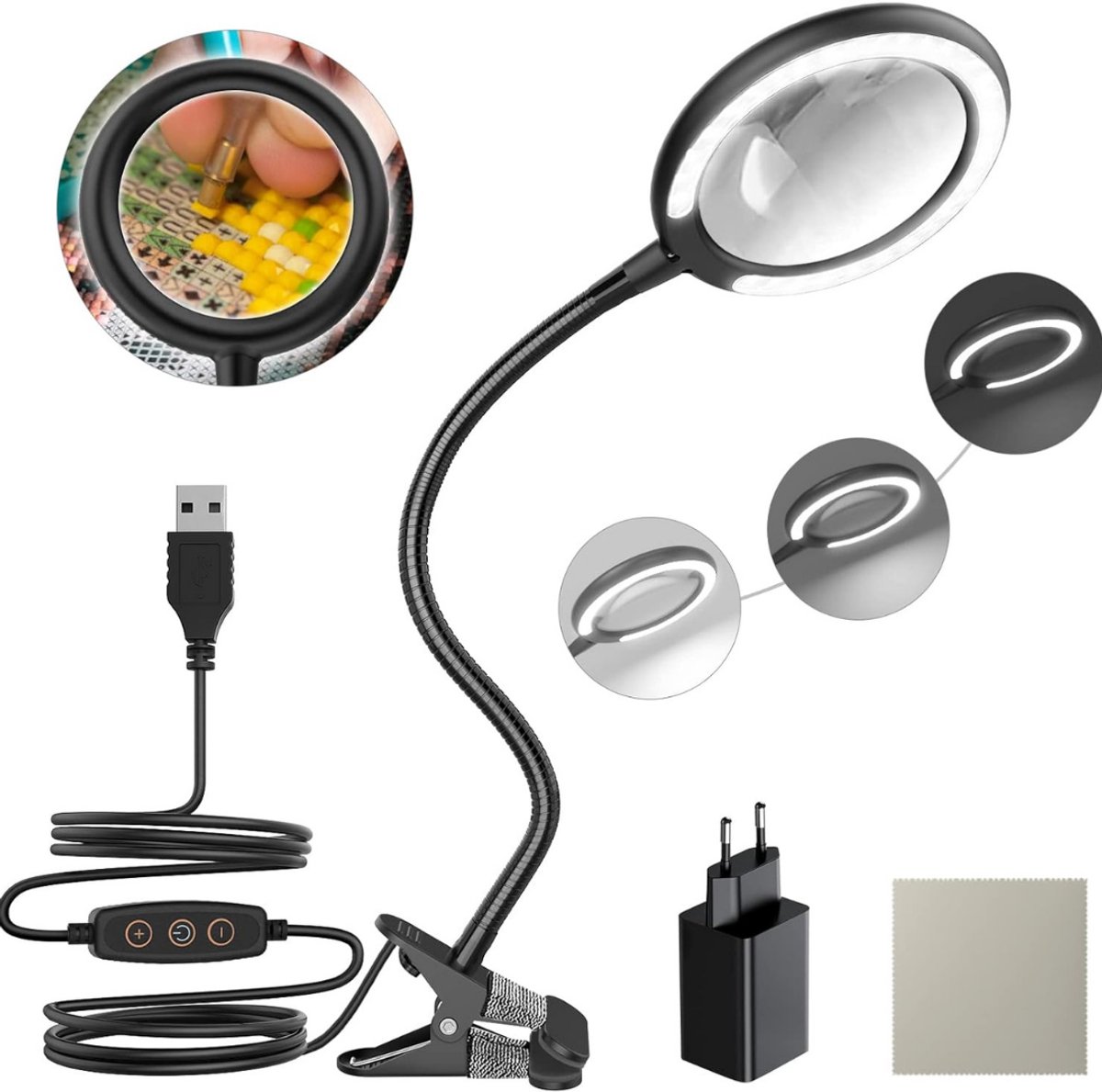VIN® Loeplamp Met Led Verlichting - Loeplamp Met Tafelklem Met 6 Verschillende Lichtstanden - Bureaulamp, Werklamp En Leeslamp met Vergrootglas – borduren – Zwart