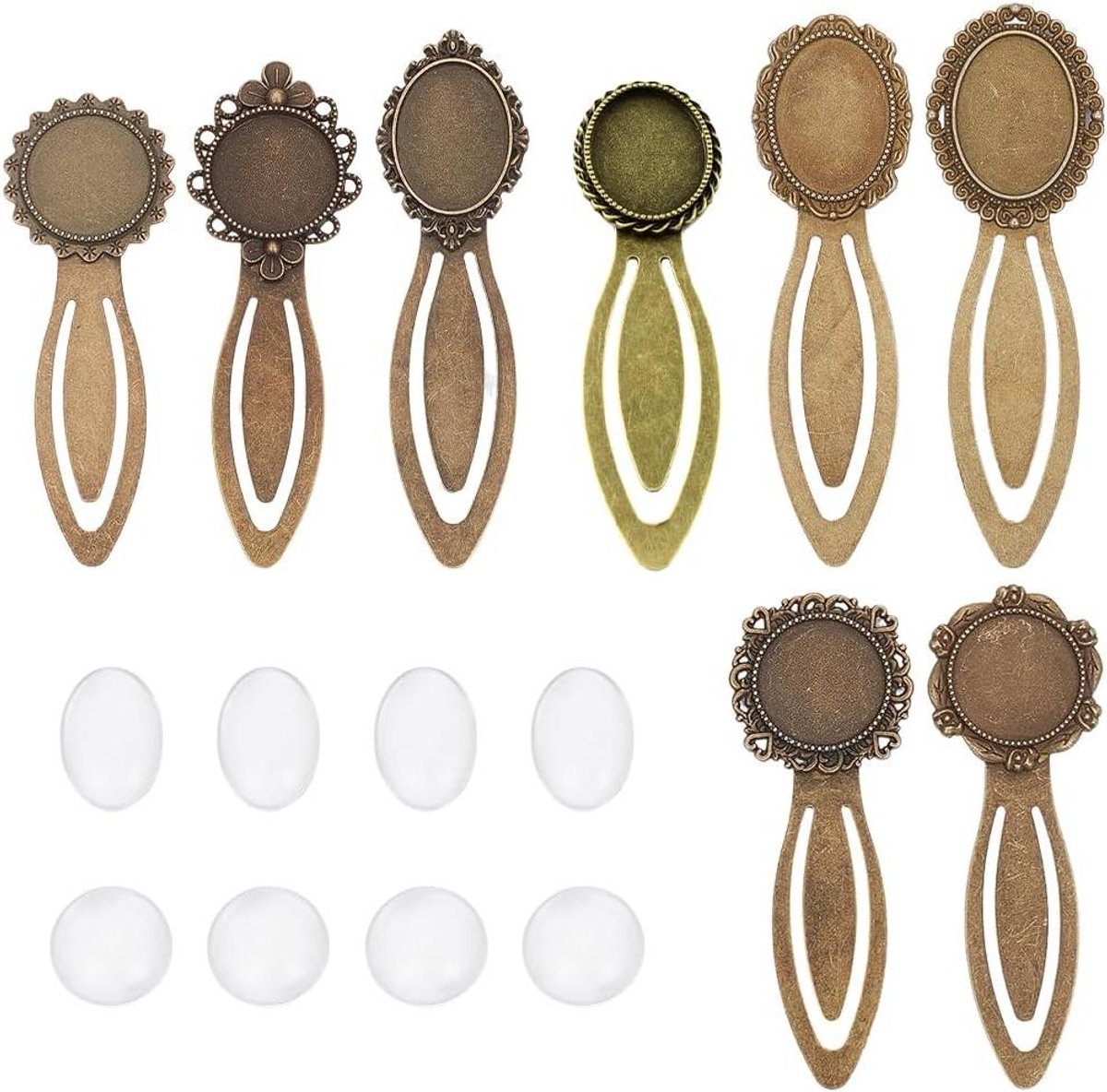 Allecto Plus - Vintage Bladwijzer DIY Kit met 16 Stuks - Antiek Brons Bezel Lade - Glas Cabochons - Boek Mark Blanks Voor Volwassenen