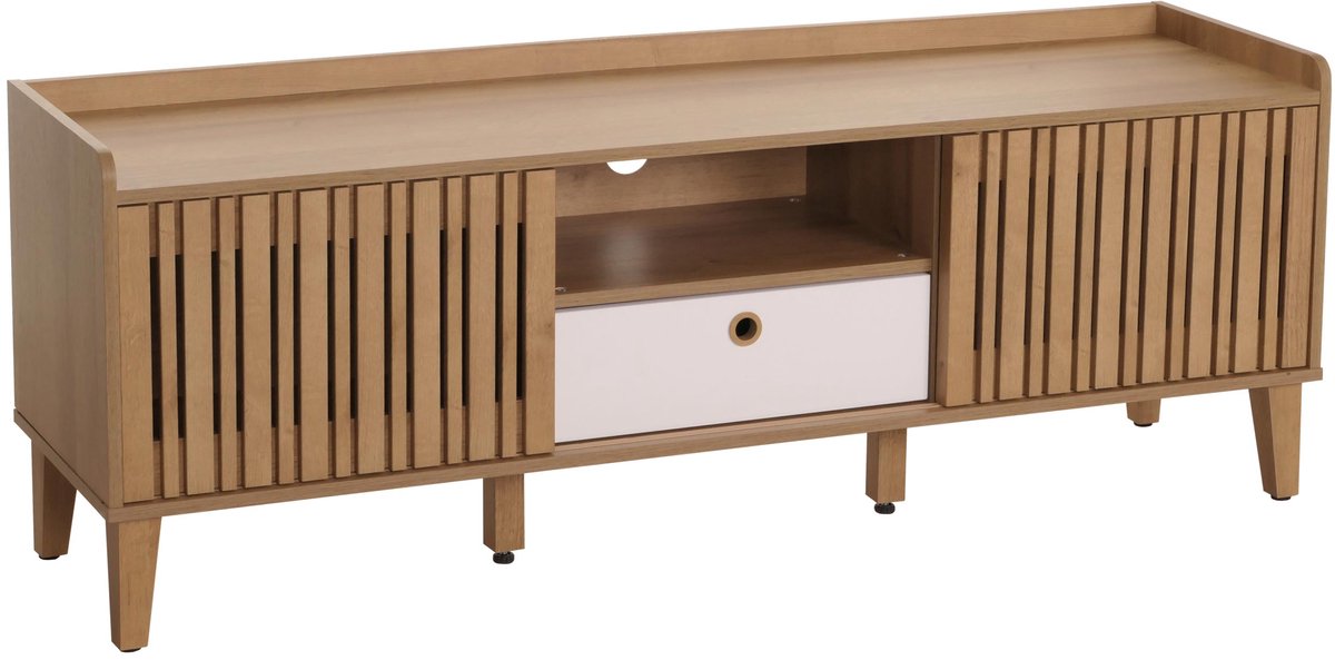 MCW TV-rek MCW-M48, lowboard TV-meubel, schuifdeur 56x150x40cm ~ naturel, lade wit