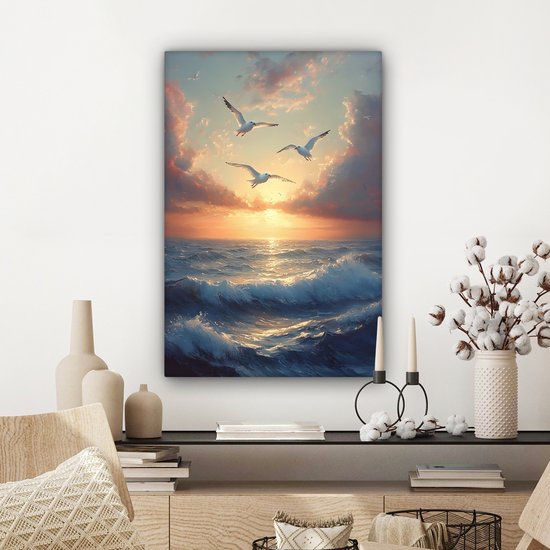 Tableau sur toile 60x90 cm - Décoration murale exclusive Mouettes - Coucher de soleil - Mer - Nuages ​​- Décoration murale salon - Décoration chambre - Accessoires chambre - Peintures sur toile