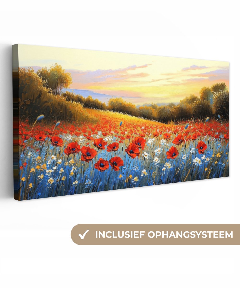 Canvas schilderij 100x50 cm - Exclusieve wanddecoratie Klaproos - Bloemenveld - Kleurrijk - Muurdecoratie woonkamer - Slaapkamer decoratie - Kamer accessoires - Schilderijen op canvas