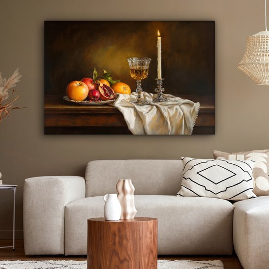 Peinture sur toile 140x90 cm - Décoration murale Fruits - Nature morte - Vin - Bougie - Décoration murale murale salon - Décoration chambre - Accessoires de chambre - Peintures sur toile