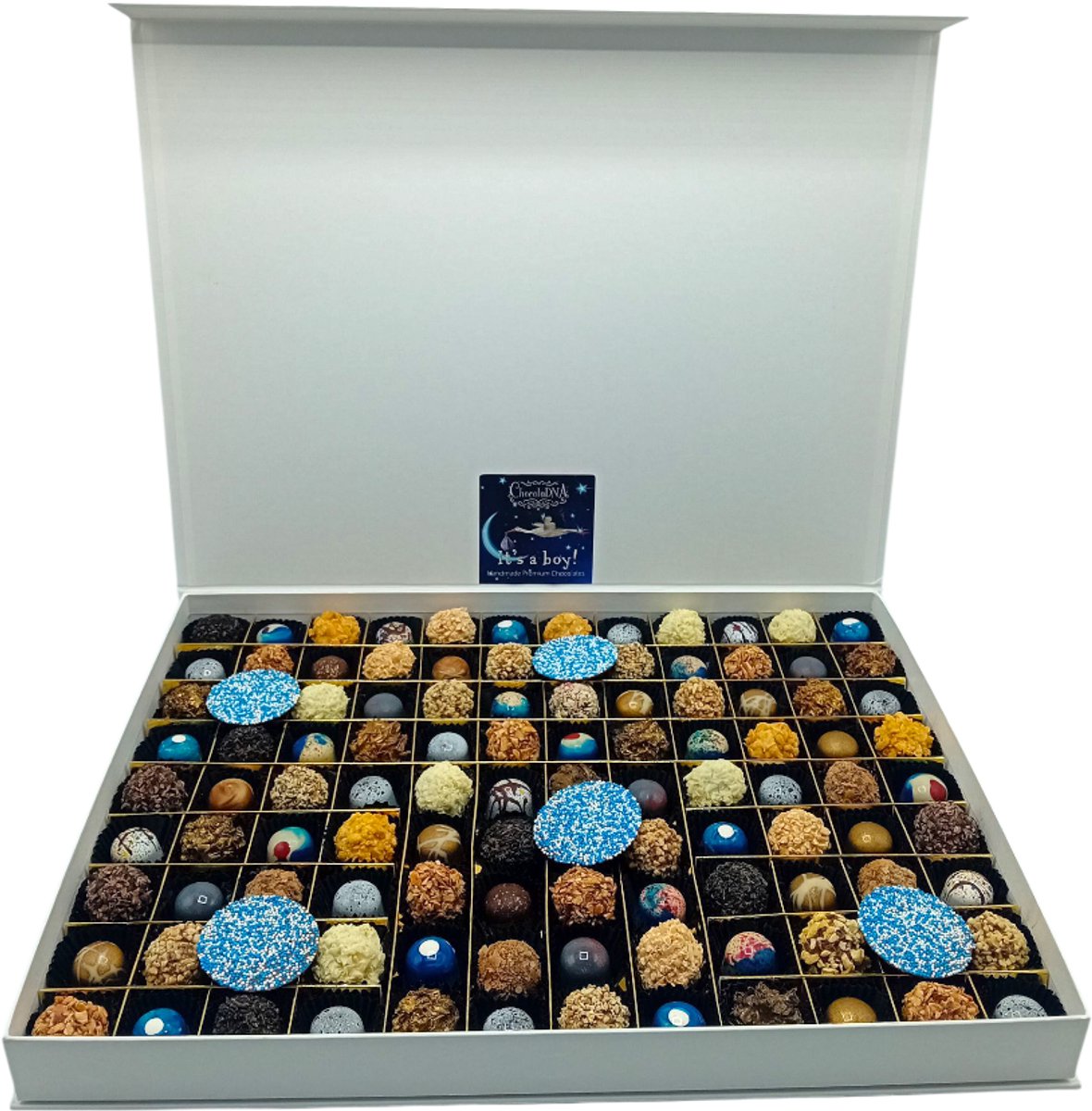 Geboortebox Niet normaal groot 108 It's a Boy luxe chocolade Truffels & Pralines: Geboortebox_Geboortecadeau_Kraamcadeau_Cadeau Baby_Handgemaakte chocolade geboorte cadeau_Chocoladetruffels_Bonbons_Geschenkdoos_Moeder_Vegatarisch_Baby Love