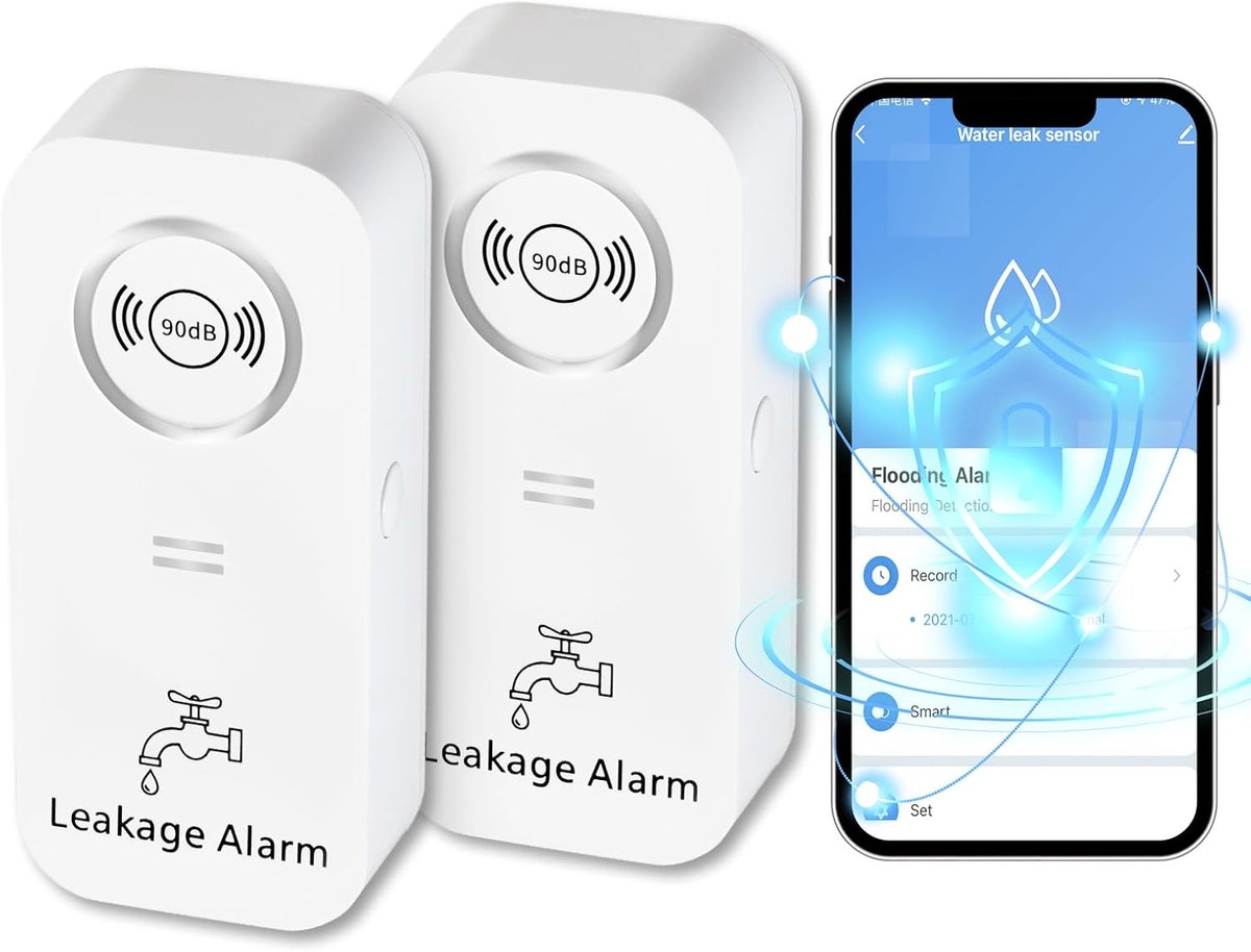 Draadloos Wateralarm met 90 dB Geluid, WiFi Verbinding en App-Meldingen voor Lekkages