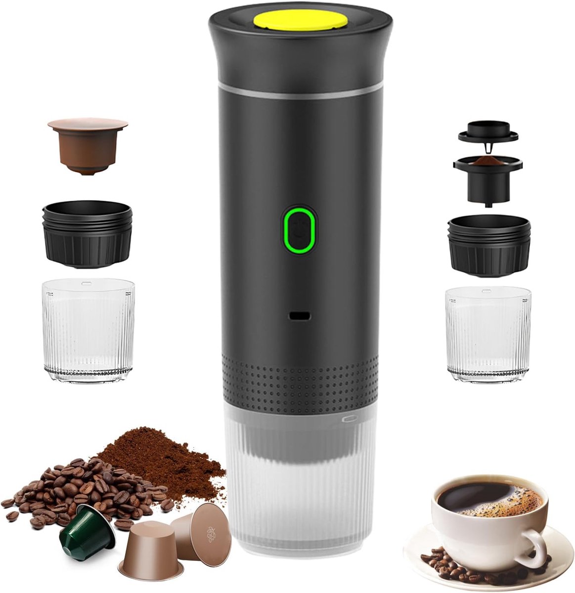 Draagbaar Koffiezetapparaat - 3-in-1 Espressomachine voor Capsules en Gemalen Koffie - Compact en Snel Verwarmd voor Thuis en Op Reis