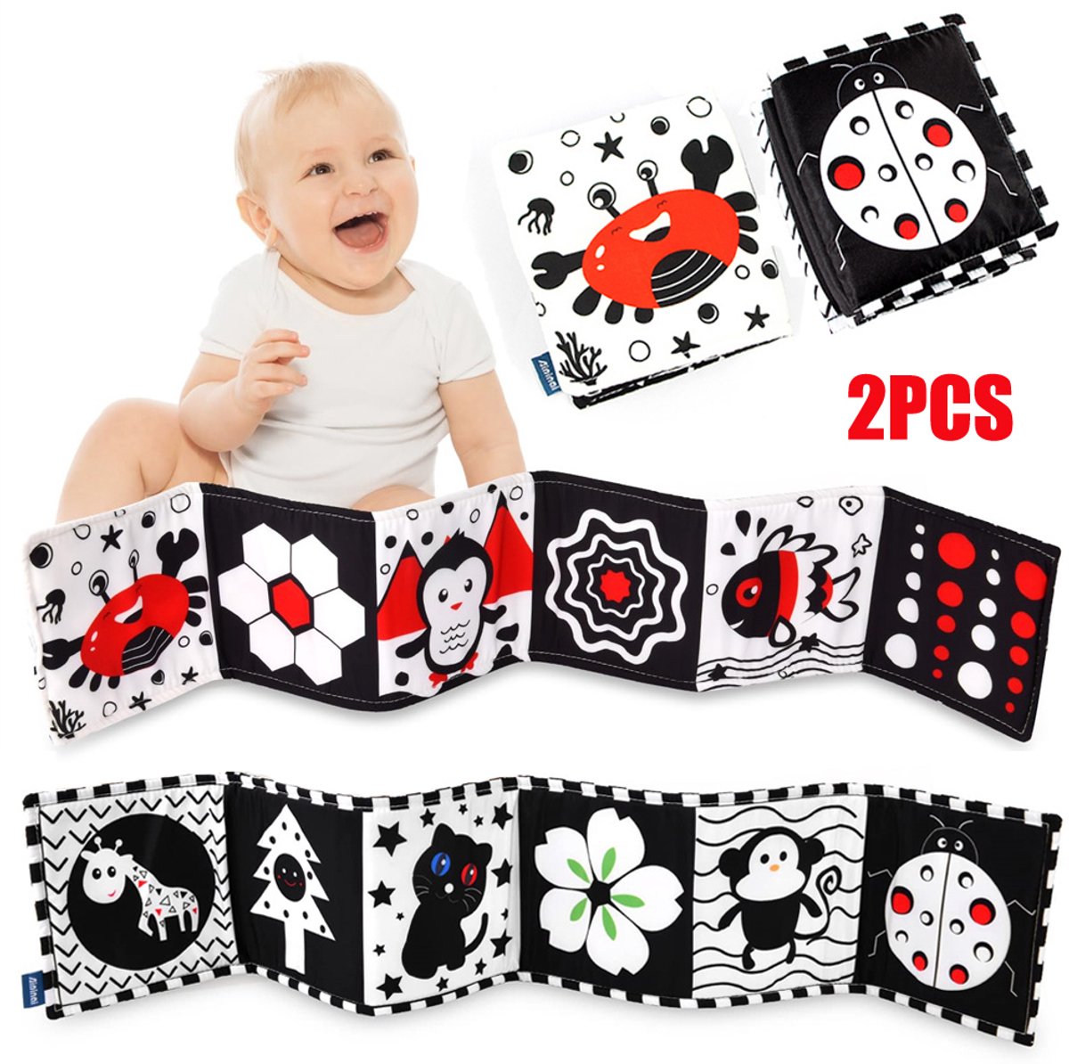 Image of 2 stuks zwart-wit babyboek - dubbelzijdig prentenboek van stof - zwart-wit babyspeelgoed met hoog contrast - speelgoed voor baby's met buiktijd - speelgoed voor leren over perceptie - cadeaus voor baby's van 0-12 maanden, krab + lieveheersbeestje