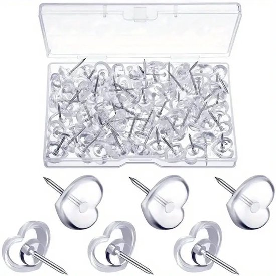 Punaises - 100 pièces - Push - Punaises en plastique en forme de cœur - Punaises décoratives mignonnes - Pour la maison, l'école, le bureau, les tableaux d'affichage, les tableaux en liège - Transparentes