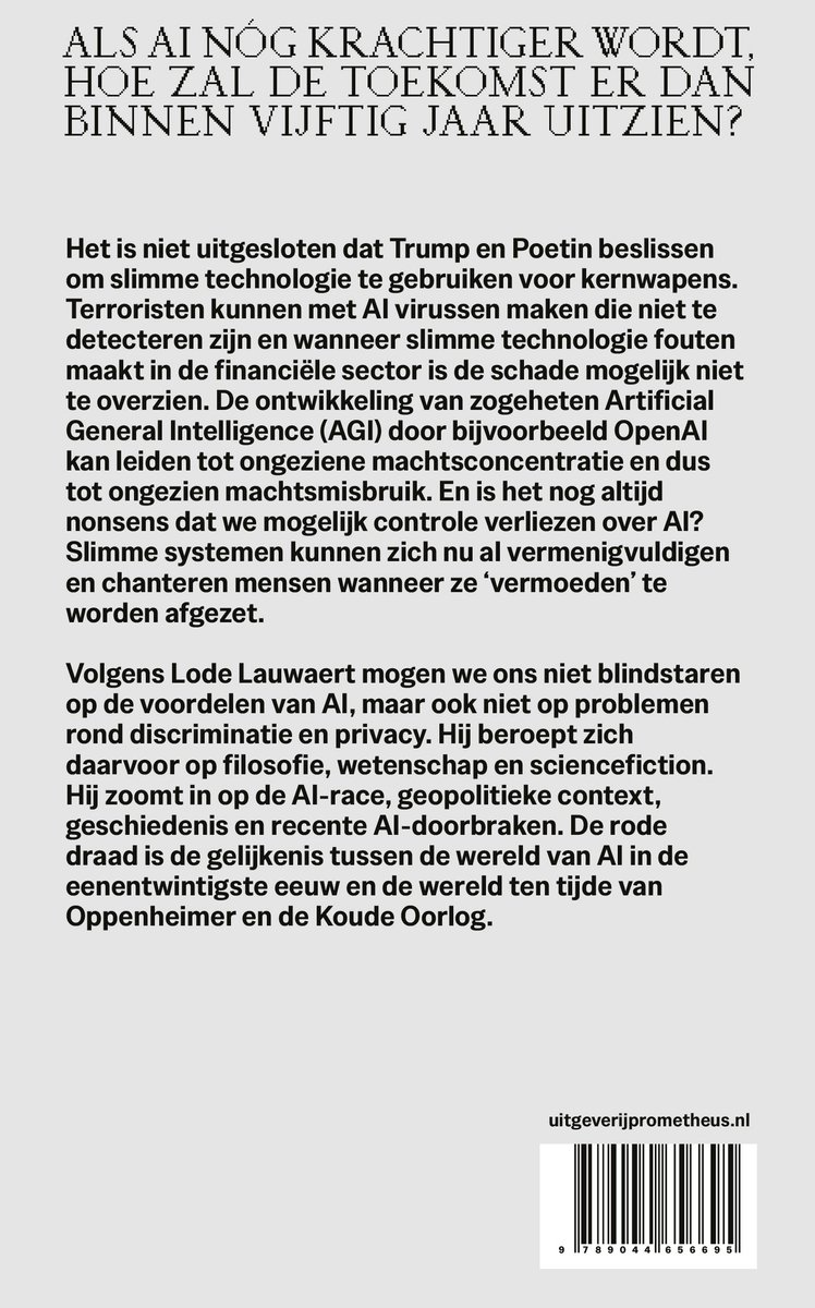 Achterkant boek met titel 'Als AI nog krachtiger wordt, hoe zal de toekomst er dan binnen vijftig jaar uitzien?' en tekst over AI.