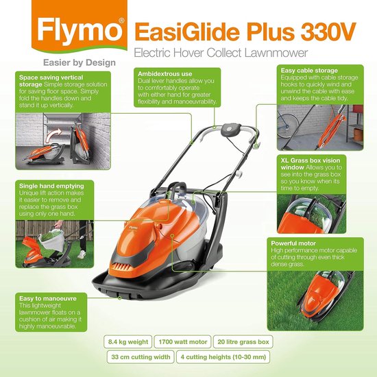 Zwevende Grasmaaier met 1700 W Motor en 33 cm Maaibreedte - Ideaal voor Onregelmatige Tuinen — afbeelding 2