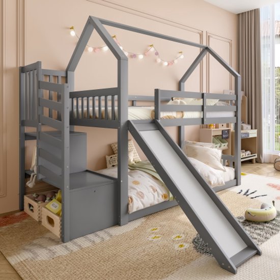 Stapelbed met opbergtrap en glijbaan, huisbed, kinderbed met leuning, geschikt voor kinderen, jongeren, 90 x 200 cm, grijs