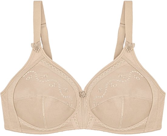 Nude Triumph bh met gedetailleerd kant aan de bovenkant van de cups en strikjes op de schouderbandjes.