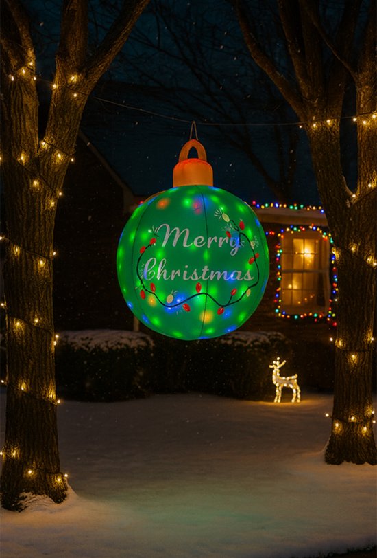 Boule de Noël gonflable HEM – 122 cm de haut – Avec Siècle des Lumières LED et soufflerie – Sac de rangement, Chevilles de sol et Haubans inclus