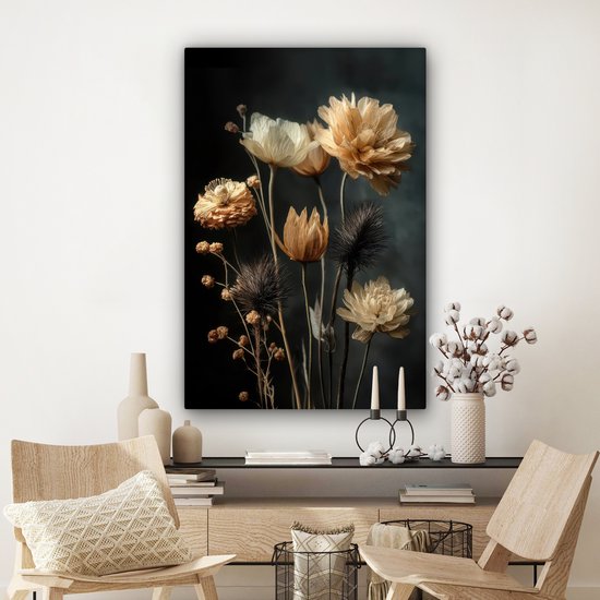 Tableau sur toile 80x120 cm - Décoration murale Bouquet - Fleurs - Lumière - Zwart - Décoration murale salon - Décoration chambre - Accessoires chambre - Peintures sur toile