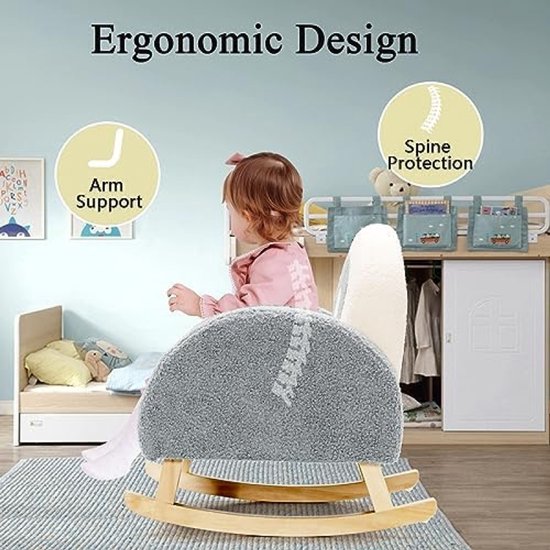 Kinderstoel Schommelstoel Teddy Fluweel Zachte Peuterstoel Meisjes Jongens Kinderbank Massief Houten Poten Antislip Grijs Kinderkamer van Merkloos — afbeelding 4