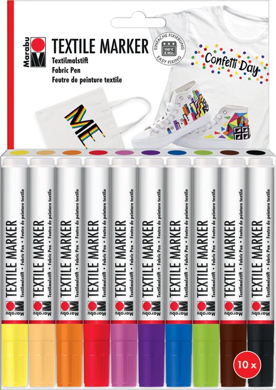 Set de 10 feutres textiles Marabu de différentes couleurs, montrant des chaussures et un sac peints.