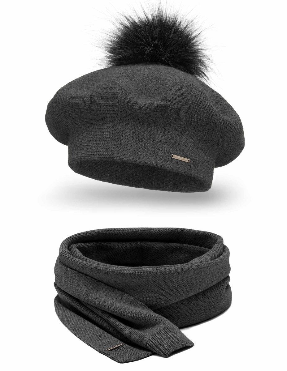 Vivisence Dames Winter Baret En Sjaal Set - Wolmix Met Wol En Acryl Met Pompon Van Imitatiebont - Zacht Comfort Voor Koude Dagen Elegant Bij Alledaagse En Chique Outfits Afmetingen Sjaal 166 X 29 cm - Donkergrijs