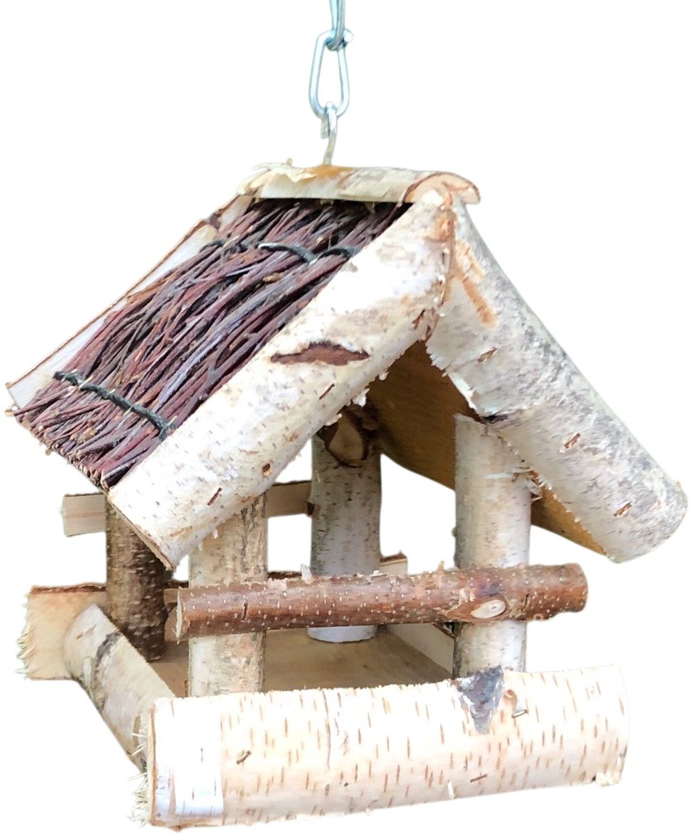 Dutchlander - Vogelvoedertafel – Hangend – Berkenhout met Wilgen Dak – 19x19x22 cm