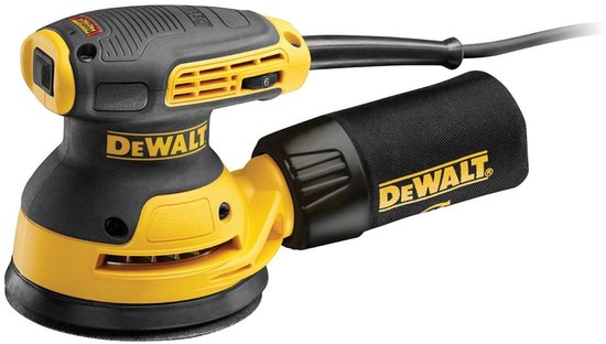 Gele DeWalt excentrische schuurmachine met zwarte handgreep en stofzak.
