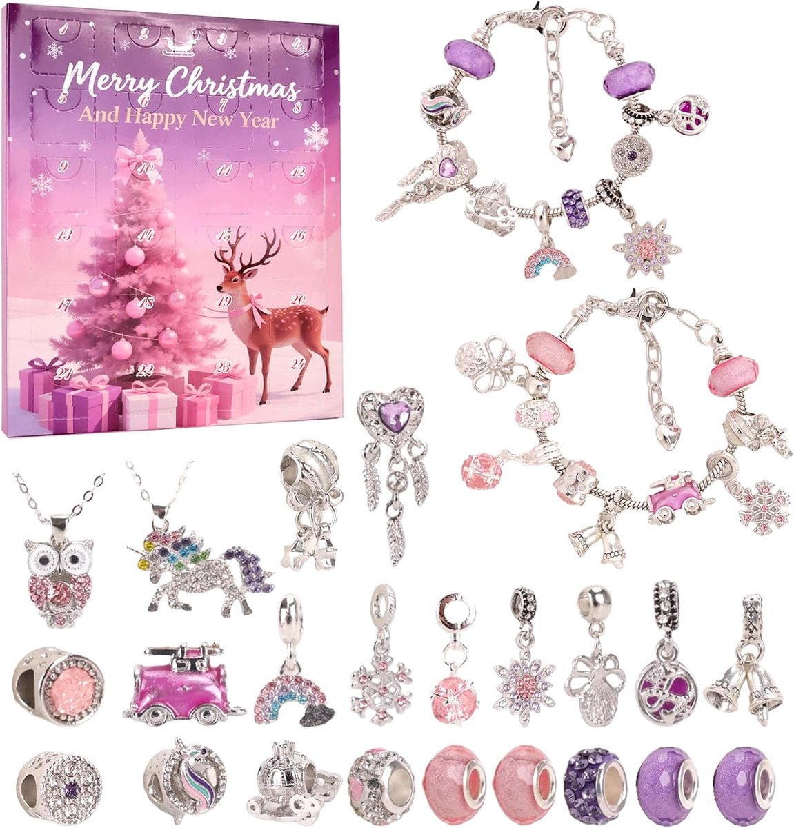 Adventskalender 2025 voor kinderen- 24 stuks gevuld- Adventskalender voor meisjes- Armbanden- Kettingen- Kerstkalender- Sieraden- Knutselen- Verrassingsaccessoires- Hanger- Ketting