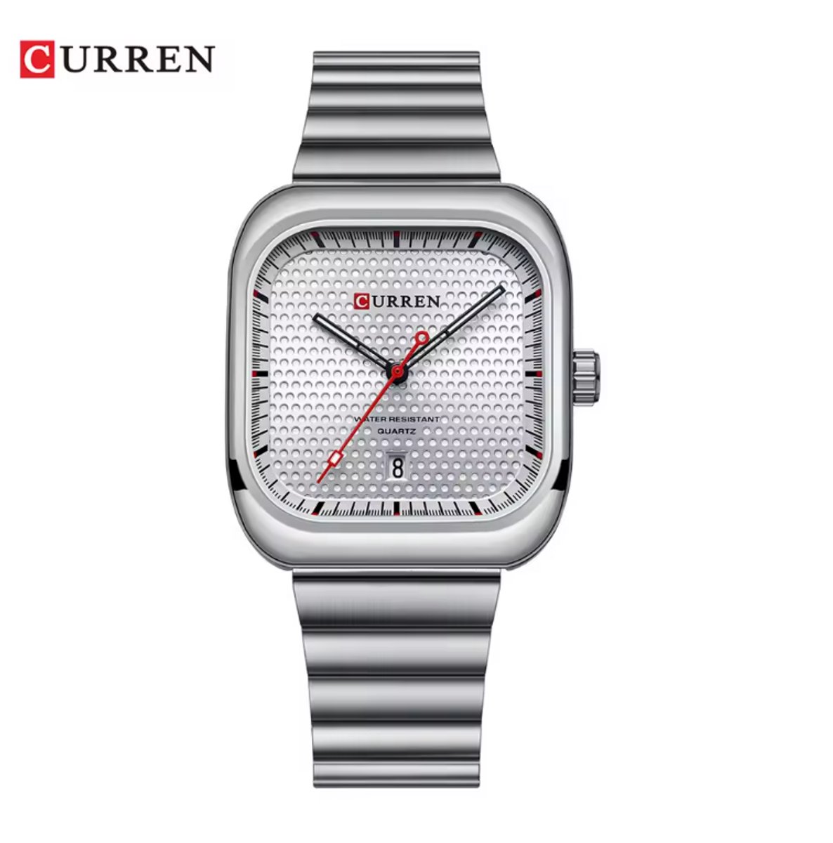 CURREN Horloge 8460 - Zilverkleurig-Wit - Heren - Quartz - Vierkante Kast - Kalender - Stalen Band - Zakelijk en Verfijnd